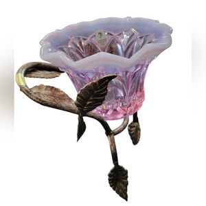 Fenton Purple Serpantine Edges Pink Glass Vase with Metal Bronse Leaf Stand